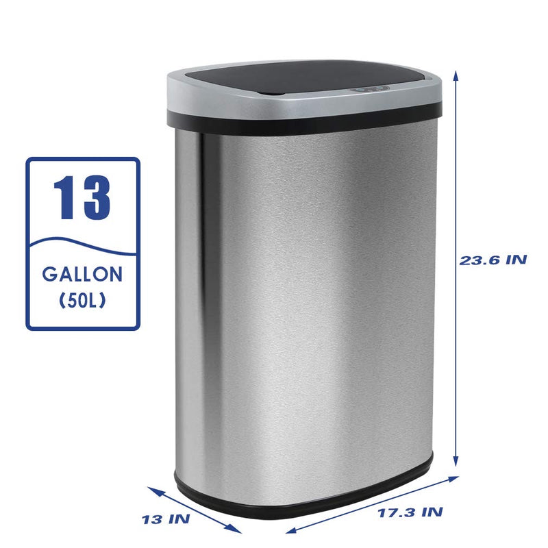 Touch Free Trash Can with Lid, 13 Gallon Automatic Garbage Can for Kitchen Bathroom Bedroom Home Office 50 Liter High-Capacity Brushed Stainless Steel Waste Bin