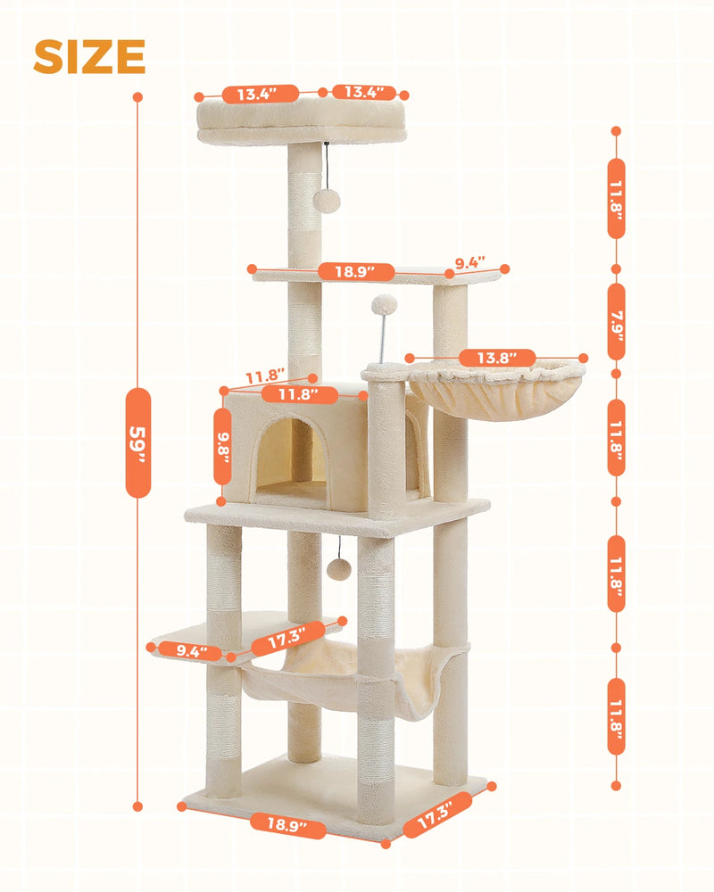 Multi-Level Pet Cat Tree House Candos Soft Natural Sisal Scratching Posts for Kitten Tower with Basket Beds Protecting Furniture